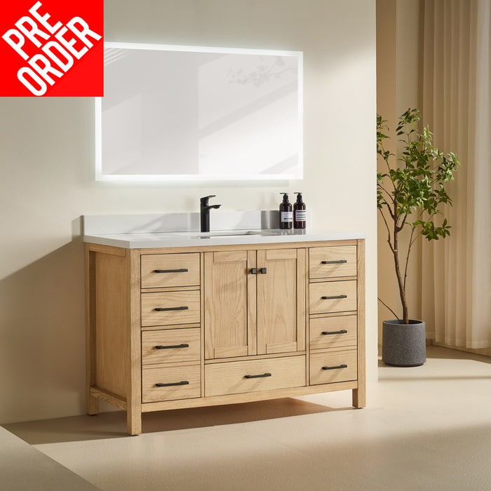 Rose- 54" White Oak , Floor Standing Modern Bathroom Vanity, White Quartz Countertop *** PRE - ORDER NOW , ETA: 2025-02-10 ***