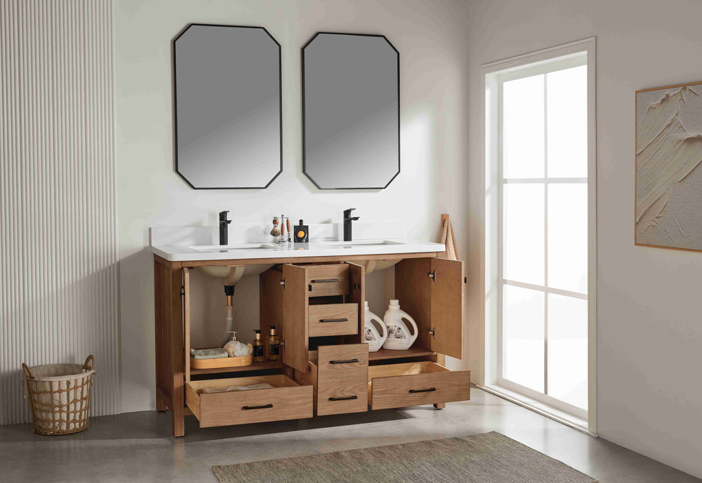 Rose- 60" Antique Oak ,Double Sink, Solid Wood Floor Standing Modern Bathroom Vanity, White Quartz Countertop