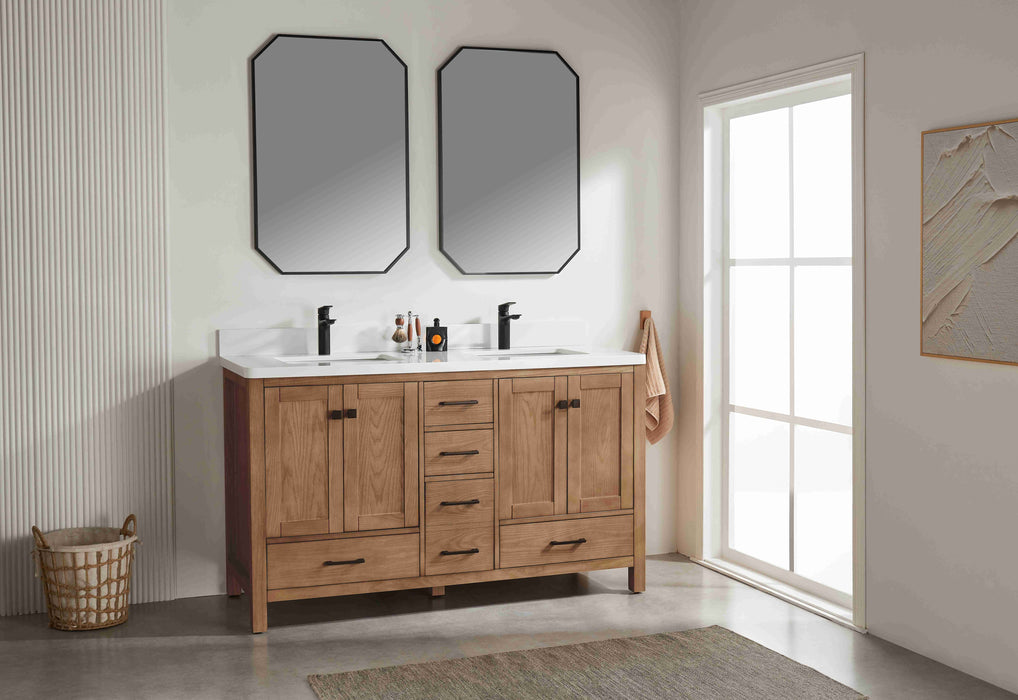 Rose- 60" Antique Oak ,Double Sink, Solid Wood Floor Standing Modern Bathroom Vanity, White Quartz Countertop