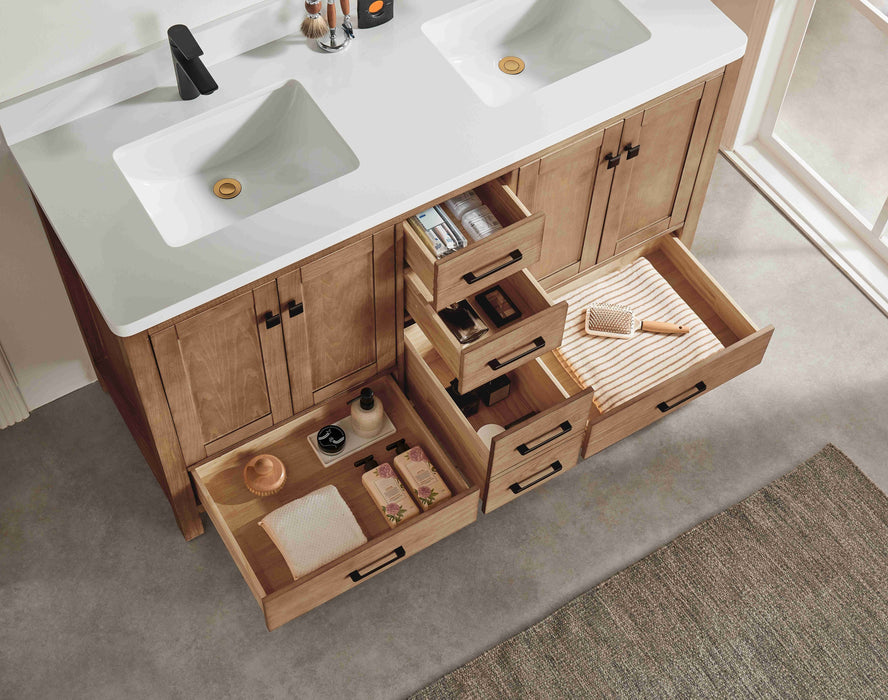 Rose- 60" Antique Oak ,Double Sink, Solid Wood Floor Standing Modern Bathroom Vanity, White Quartz Countertop