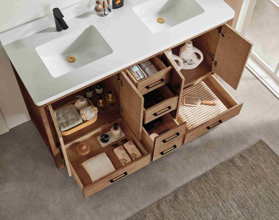 Rose- 60" Antique Oak ,Double Sink, Solid Wood Floor Standing Modern Bathroom Vanity, White Quartz Countertop