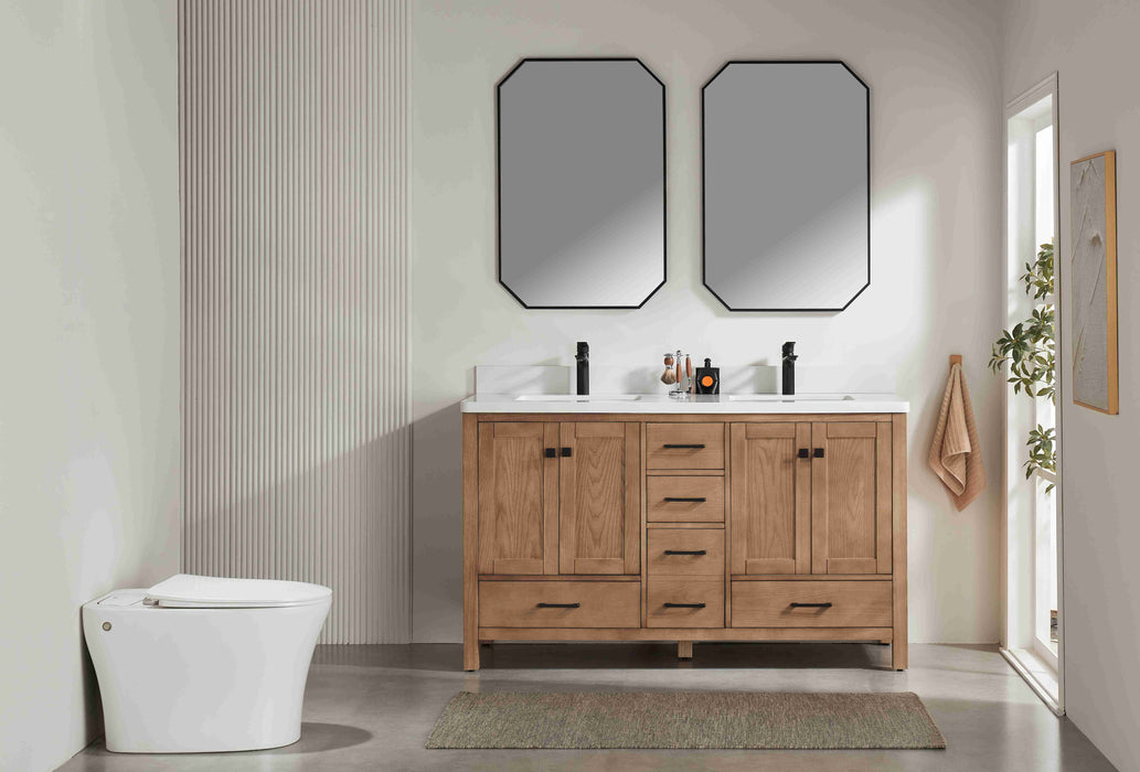 Rose- 60" Antique Oak ,Double Sink, Solid Wood Floor Standing Modern Bathroom Vanity, White Quartz Countertop