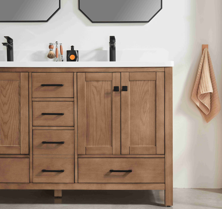 Rose- 60" Antique Oak ,Double Sink, Solid Wood Floor Standing Modern Bathroom Vanity, White Quartz Countertop