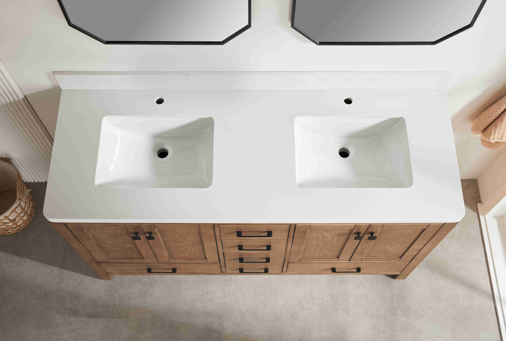 Rose- 60" Antique Oak ,Double Sink, Solid Wood Floor Standing Modern Bathroom Vanity, White Quartz Countertop
