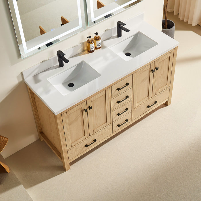 Rose- 60" Double Sink, White Oak, Floor Standing Modern Bathroom Vanity,  Quartz Countertop