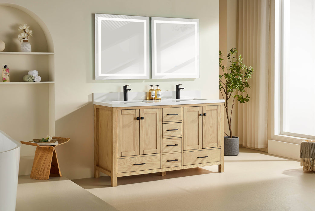 Rose- 60" Double Sink, White Oak, Floor Standing Modern Bathroom Vanity,  Quartz Countertop