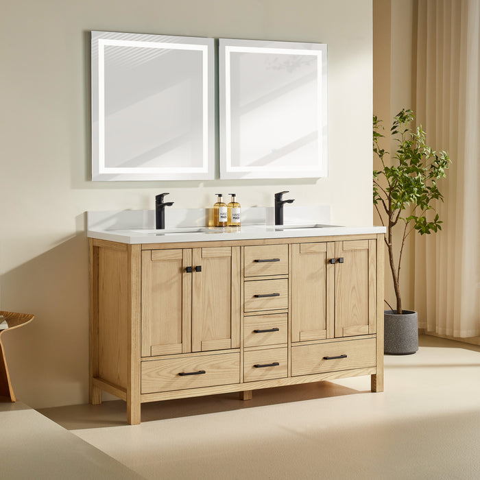 Rose- 60" Double Sink, White Oak, Floor Standing Modern Bathroom Vanity,  Quartz Countertop