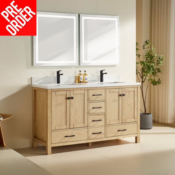 Rose- 60" Double Sink, White Oak, Floor Standing Modern Bathroom Vanity,  Quartz Countertop *** PRE - ORDER NOW , ETA: 2025-02-10 ***