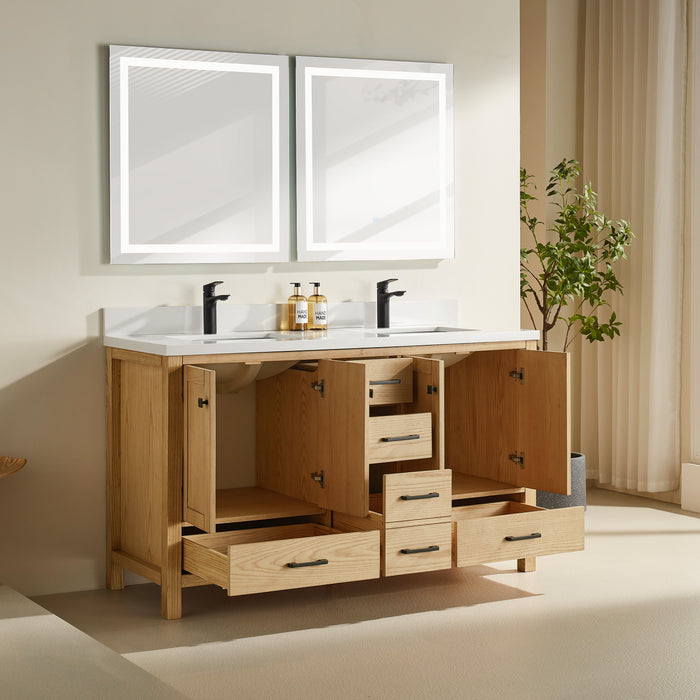 Rose- 60" Double Sink, White Oak, Floor Standing Modern Bathroom Vanity,  Quartz Countertop