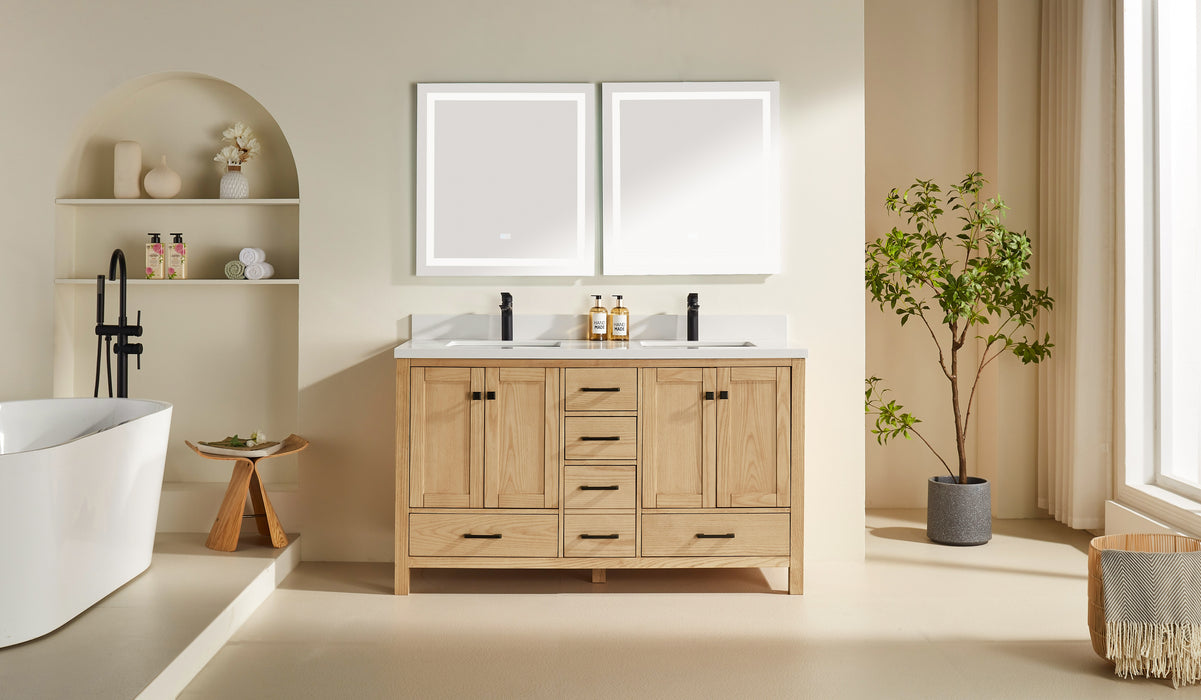 Rose- 60" Double Sink, White Oak, Floor Standing Modern Bathroom Vanity,  Quartz Countertop