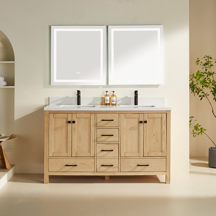 Rose- 60" Double Sink, White Oak, Floor Standing Modern Bathroom Vanity,  Quartz Countertop