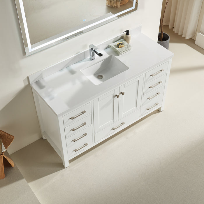 Rose- 60" Single Sink, White , Floor Standing Modern Bathroom Vanity, White Quartz Countertop