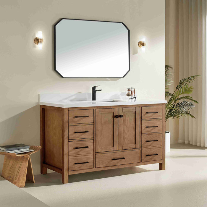 Rose- 60" Antique Oak ,Solid Wood Single Sink Floor Standing Modern Bathroom Vanity, White Quartz Countertop