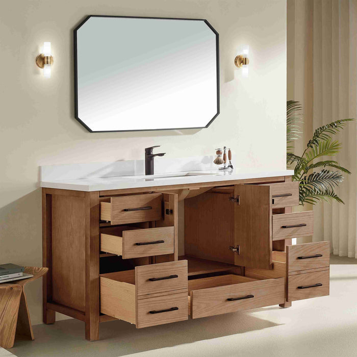Rose- 60" Antique Oak ,Solid Wood Single Sink Floor Standing Modern Bathroom Vanity, White Quartz Countertop