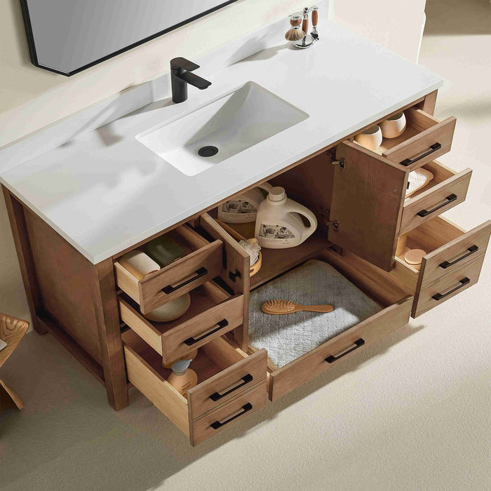 Rose- 60" Antique Oak ,Solid Wood Single Sink Floor Standing Modern Bathroom Vanity, White Quartz Countertop