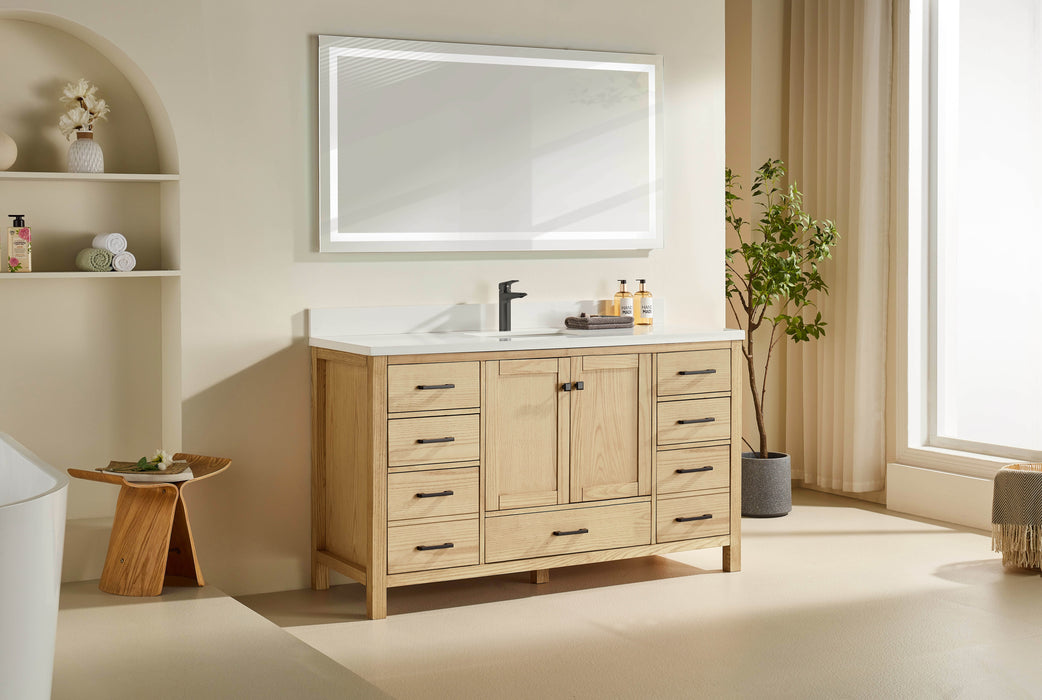 Rose- 60" Single Sink, White Oak , Floor Standing Modern Bathroom Vanity, White Quartz Countertop