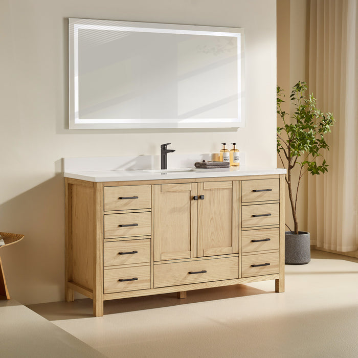 Rose- 60" Single Sink, White Oak , Floor Standing Modern Bathroom Vanity, White Quartz Countertop