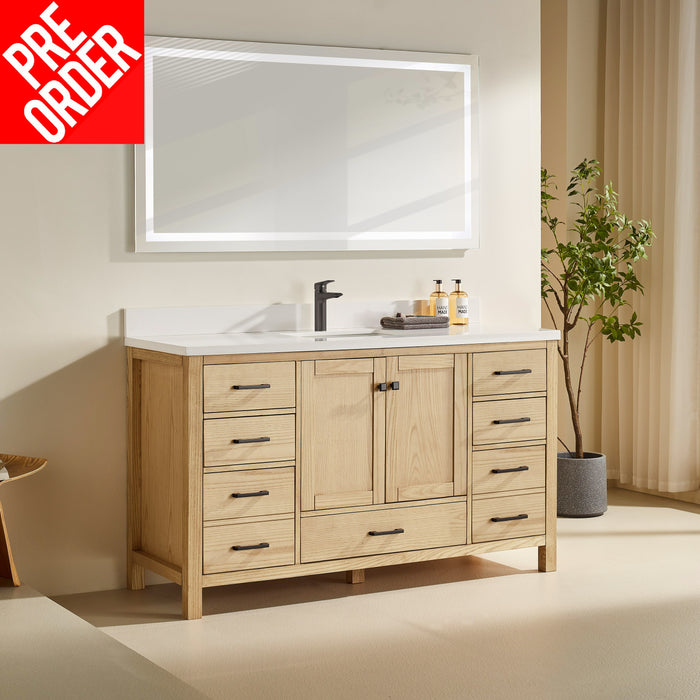 Rose- 60" Single Sink, White Oak , Floor Standing Modern Bathroom Vanity, White Quartz Countertop *** PRE - ORDER NOW, ETA: 2025-02-10 ***