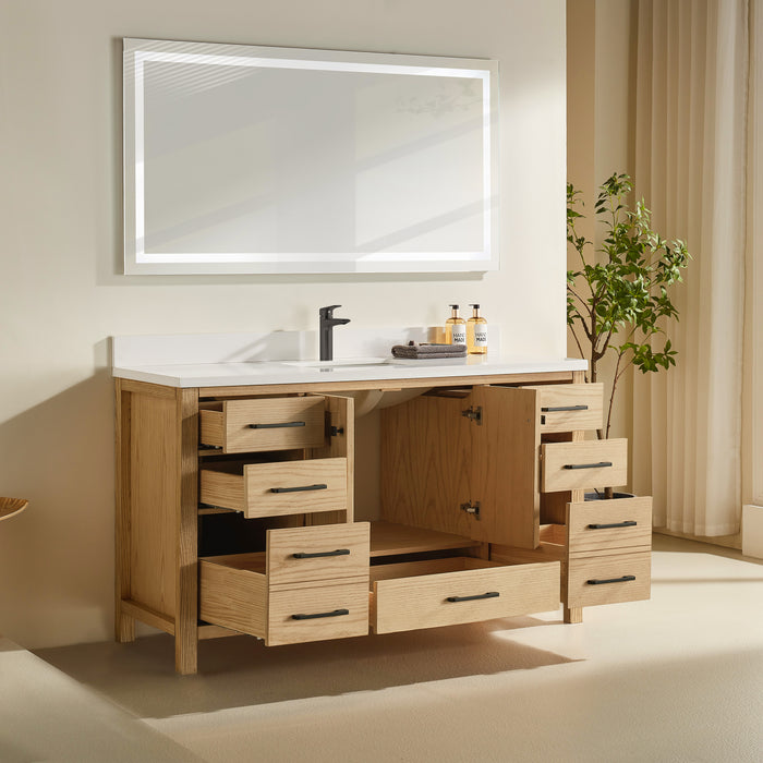 Rose- 60" Single Sink, White Oak , Floor Standing Modern Bathroom Vanity, White Quartz Countertop