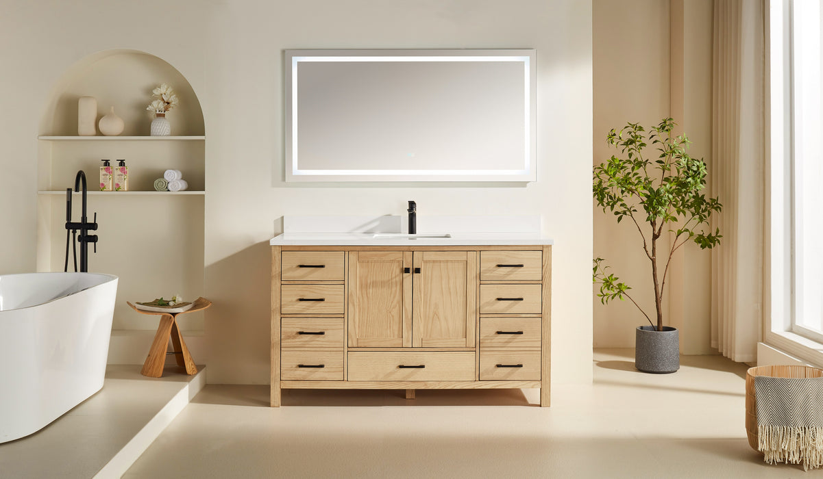 Rose- 60" Single Sink, White Oak , Floor Standing Modern Bathroom Vanity, White Quartz Countertop