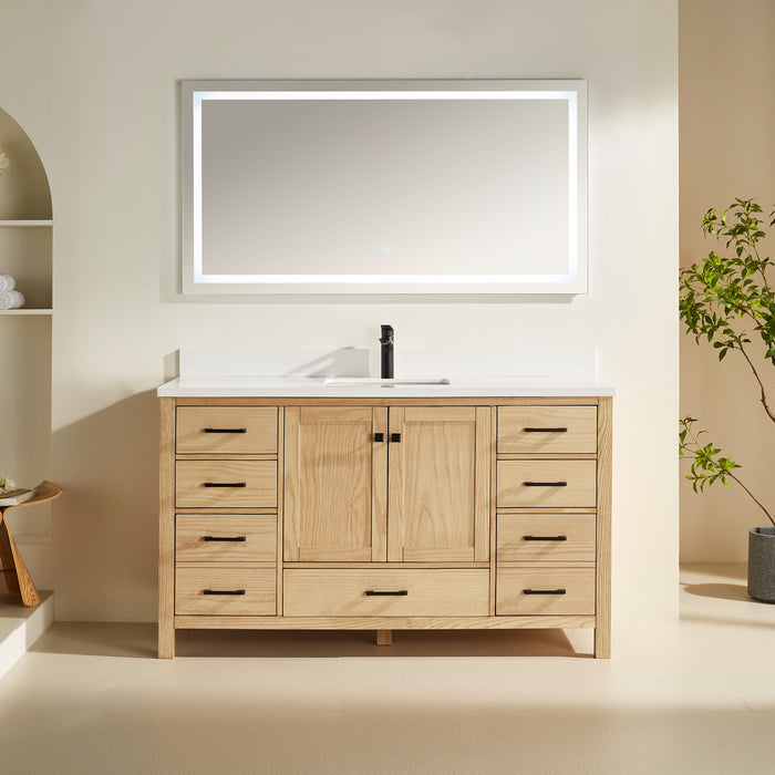 Rose- 60" Single Sink, White Oak , Floor Standing Modern Bathroom Vanity, White Quartz Countertop