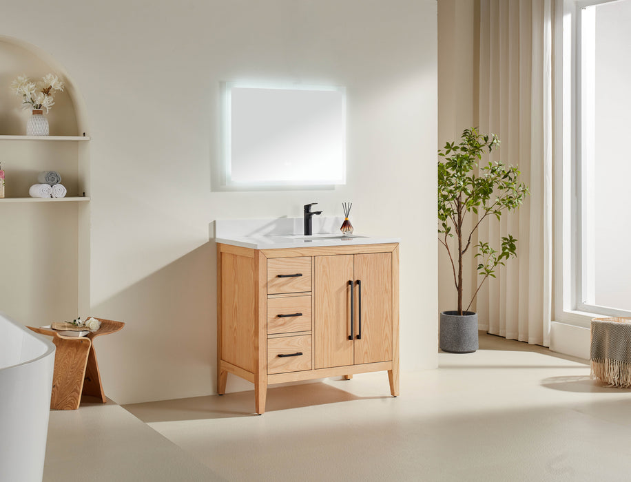 CCS901 - 36" White Oak ,Left Side Drawers, Floor Standing Modern Bathroom Vanity, White Quartz Countertop, Matt Black Hardware