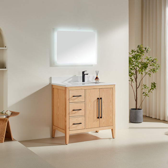 CCS901 - 36" White Oak ,Left Side Drawers, Floor Standing Modern Bathroom Vanity, White Quartz Countertop, Matt Black Hardware