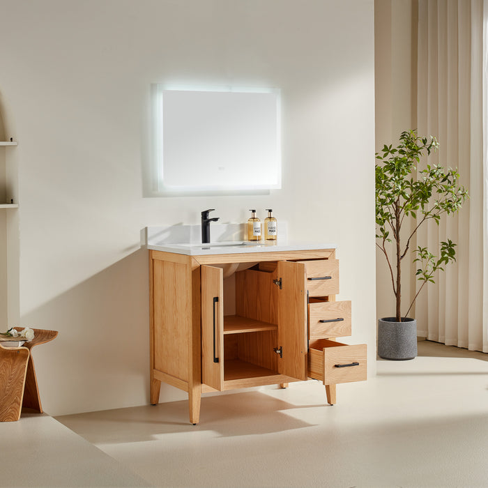CCS901 - 36" White Oak ,Right Side Drawers, Floor Standing Modern Bathroom Vanity, Quartz Countertop, Matt Black Hardware