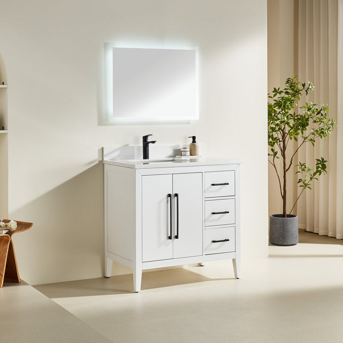 CCS901 - 36" White ,Right Side Drawers, Floor Standing Modern Bathroom Vanity, Quartz Countertop, Matt Black Hardware