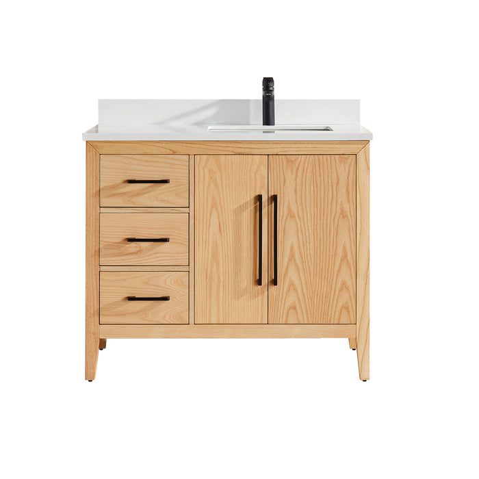 CCS901 - 42" White Oak , Left Side Drawers , Floor Standing Modern Bathroom Vanity, White Quartz Countertop, Matt Black Hardware