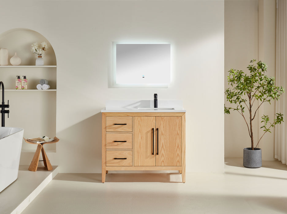 CCS901 - 42" White Oak , Left Side Drawers , Floor Standing Modern Bathroom Vanity, White Quartz Countertop, Matt Black Hardware