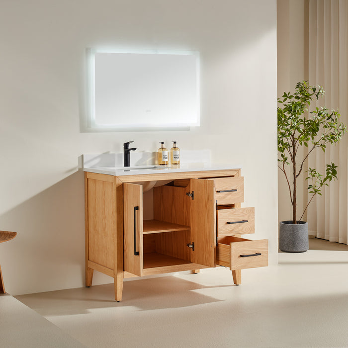CCS901 - 42" White Oak ,Right Side Drawers, Floor Standing Modern Bathroom Vanity, Quartz Countertop, Matt Black Hardware