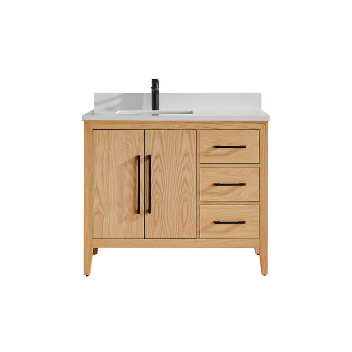 CCS901 - 42" White Oak ,Right Side Drawers, Floor Standing Modern Bathroom Vanity, Quartz Countertop, Matt Black Hardware