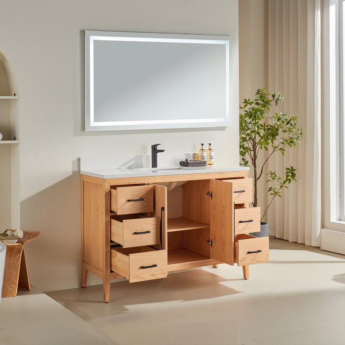 CCS901 - 48" White Oak , Floor Standing Modern Bathroom Vanity, Quartz Countertop, Matt Black Hardware
