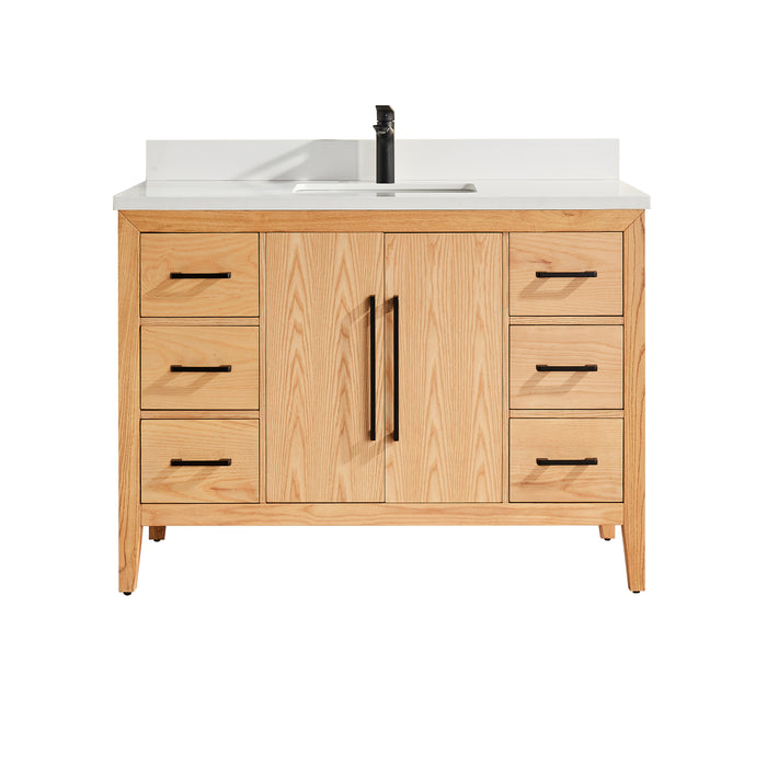 CCS901 - 48" White Oak , Floor Standing Modern Bathroom Vanity, Quartz Countertop, Matt Black Hardware