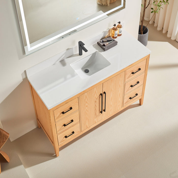 CCS901 - 54", White Oak , Floor Standing Modern Bathroom Vanity, White Quartz Countertop, Matt Black Hardware