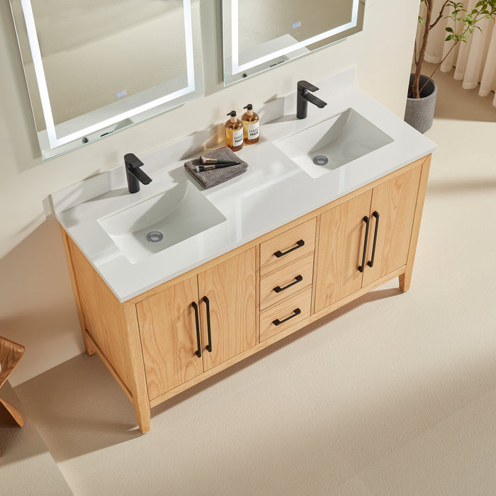 CCS901 - 60",Double Sink, White Oak , Floor Standing Modern Bathroom Vanity, White Quartz Countertop, Matt Black Hardware ** PRE ORDER NOW **