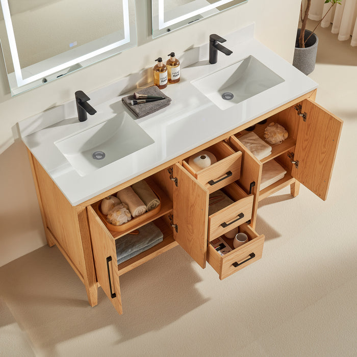 CCS901 - 60",Double Sink, White Oak , Floor Standing Modern Bathroom Vanity,Quartz Countertop, Matt Black Hardware"" SAVE THE TAX TODAY ""