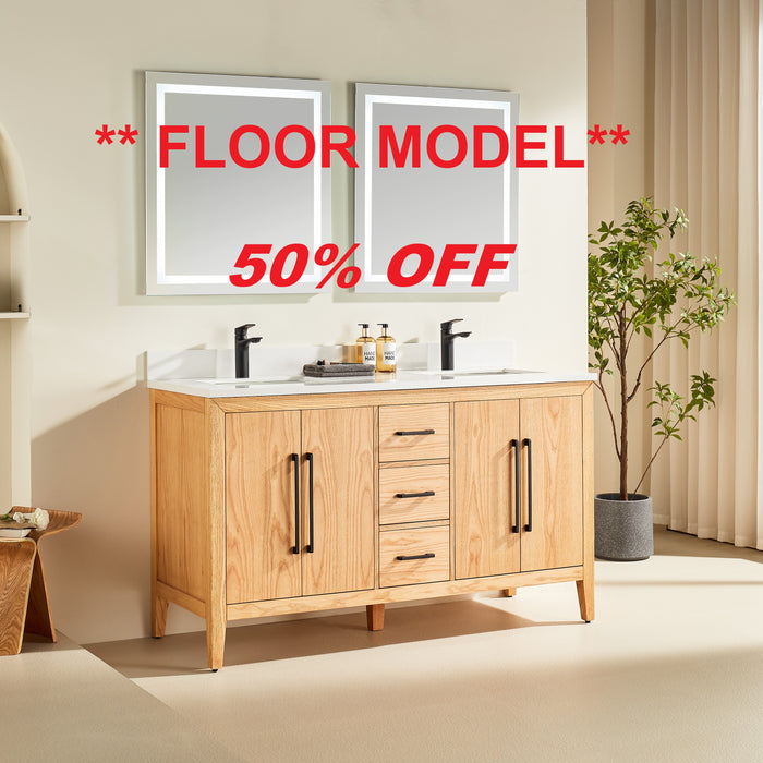 Lily - 60",Double Sink, White Oak , Solid Wood Modern Bathroom Vanity, Quartz Countertop ** FLOOR MODEL *** - Construction Commodities Supply Inc.