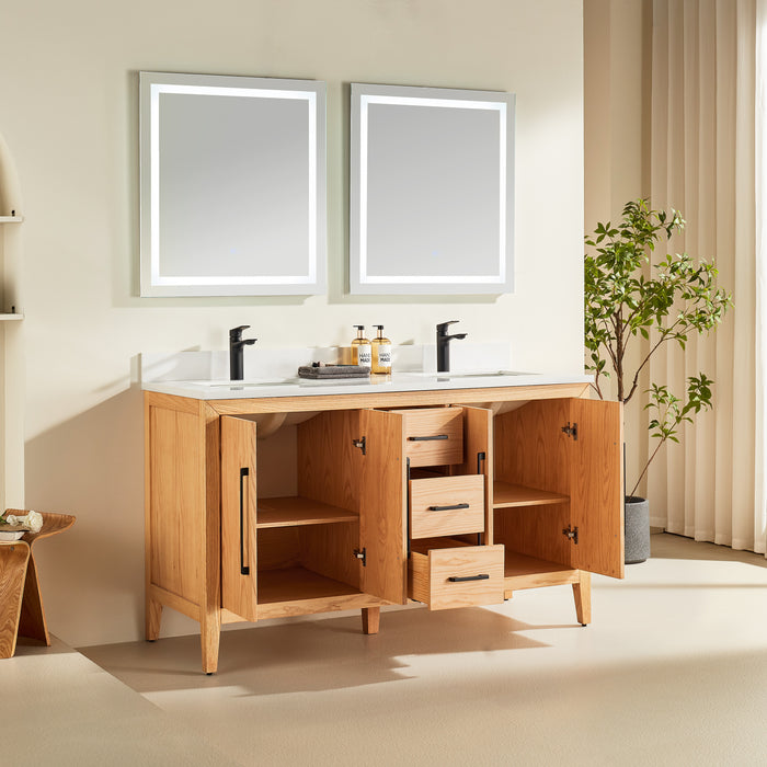 CCS901 - 60",Double Sink, White Oak , Floor Standing Modern Bathroom Vanity,Quartz Countertop, Matt Black Hardware