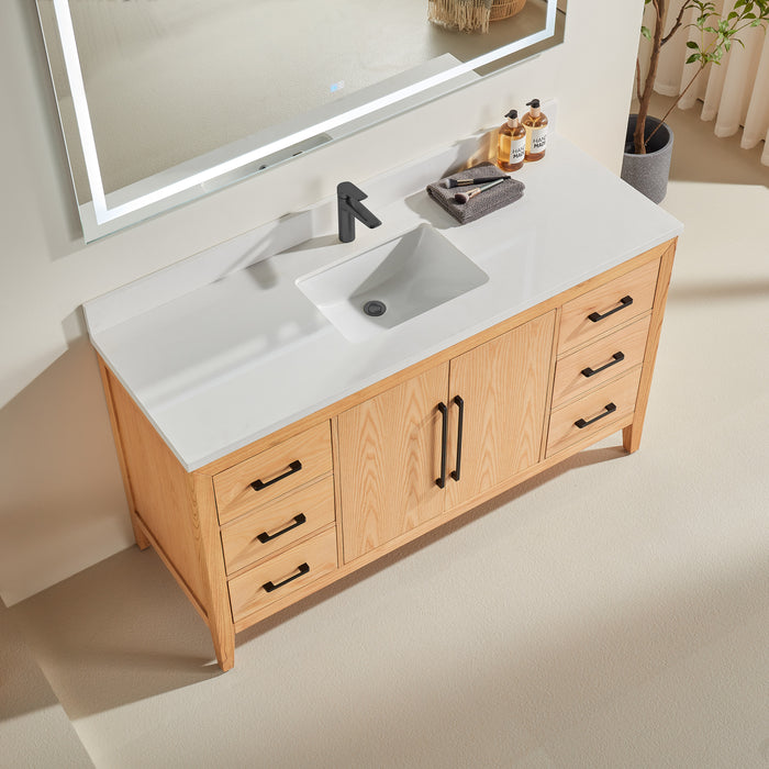 CCS901 - 60",Single Sink, White Oak , Floor Standing Modern Bathroom Vanity, White Quartz Countertop, Matt Black Hardware "" PRE ORDER NOW ""