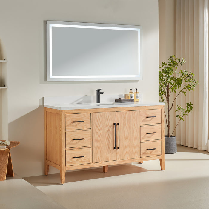 CCS901 - 60",Single Sink, White Oak , Floor Standing Modern Bathroom Vanity, White Quartz Countertop, Matt Black Hardware
