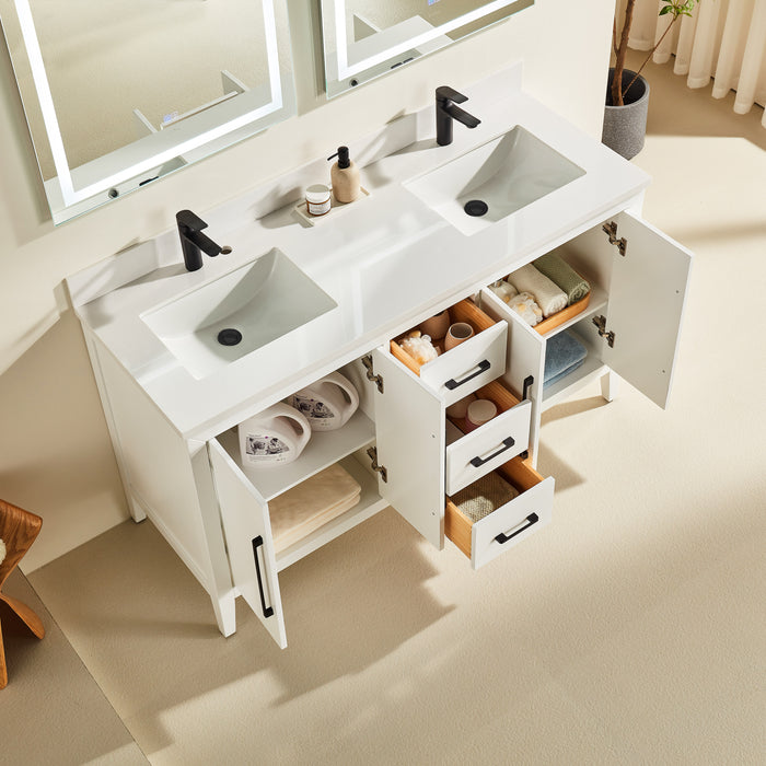 CCS901 - 60",Double Sink, White, Floor Standing Modern Bathroom Vanity, White Quartz Countertop, Matt Black Hardware