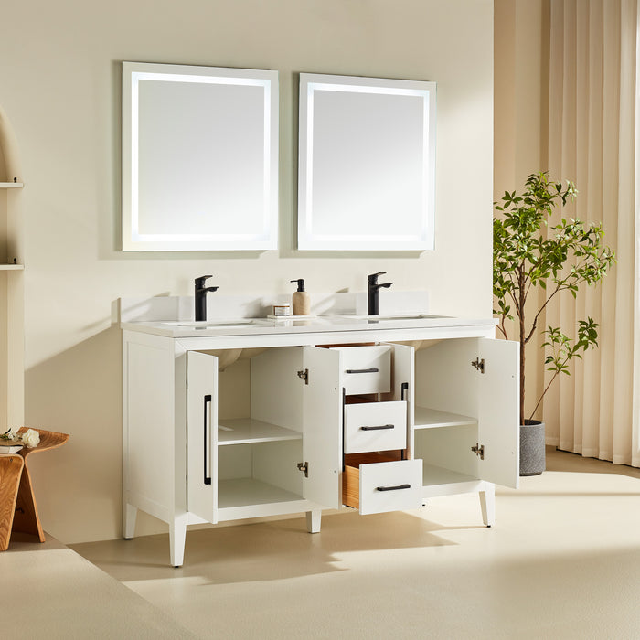 CCS901 - 60",Double Sink, White, Floor Standing Modern Bathroom Vanity, White Quartz Countertop, Matt Black Hardware