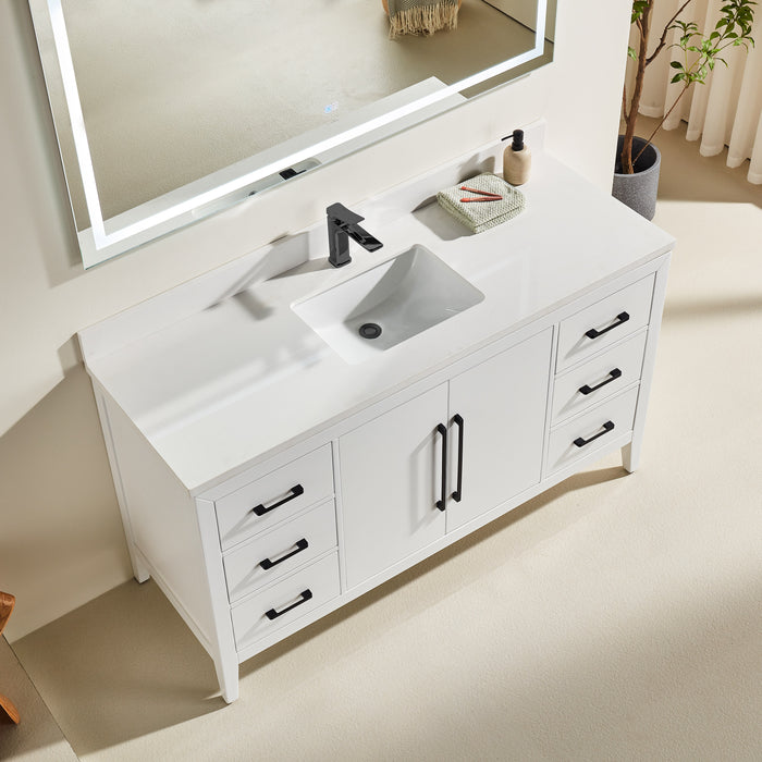 CCS901 - 60",Single Sink, White , Floor Standing Modern Bathroom Vanity, White Quartz Countertop, Matt Black Hardware
