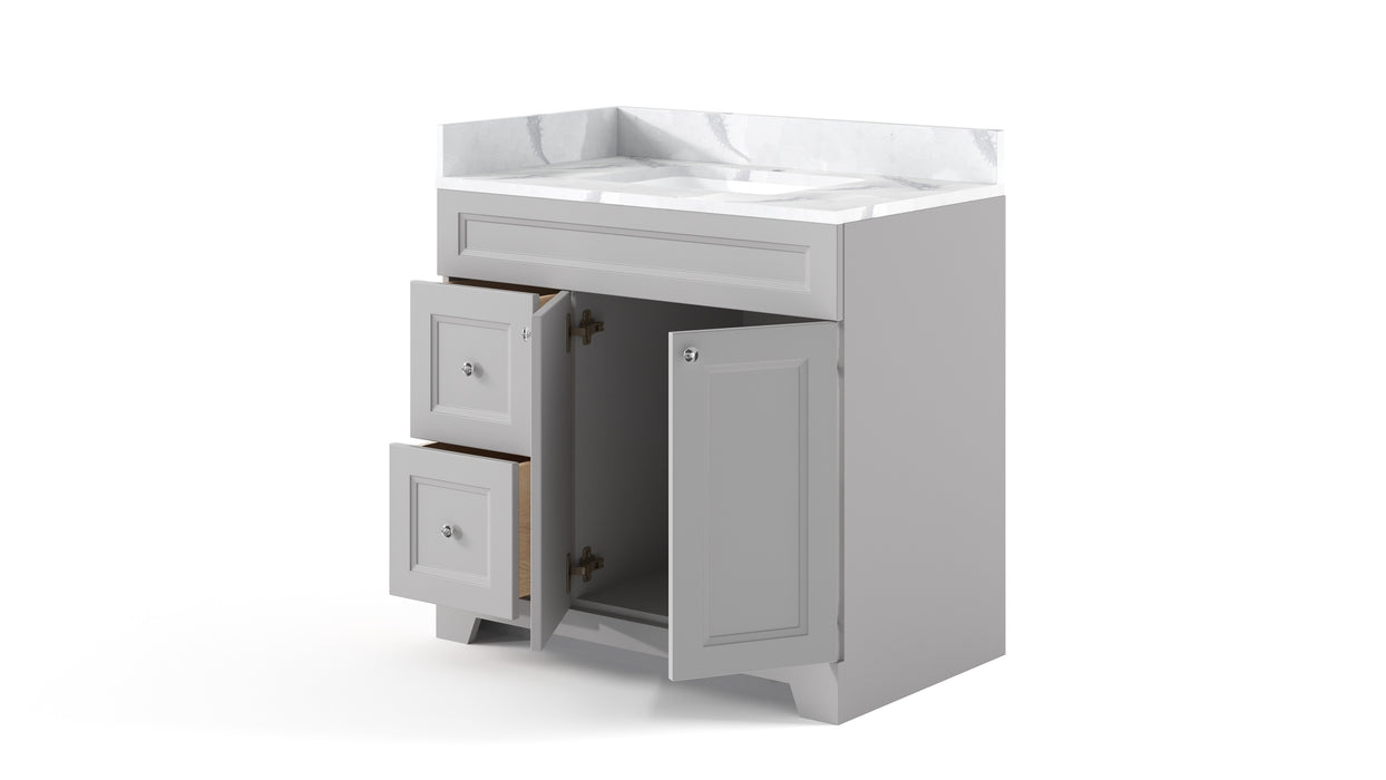 CLASSIC- 36" Solid wood Bathroom Vanity (6 COLORS AVAILABLE) With Quartz Countertop / Left Side Drawers - Construction Commodities Supply Inc.