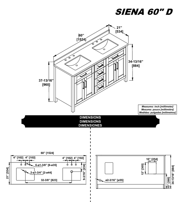 SIENA- 60" Double Sink ,Almond Latte, Solid Wood Bathroom Vanity with marble countertop - Construction Commodities Supply Inc.
