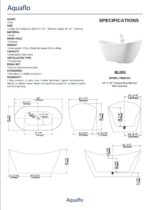 Aquaflo Bliss - 63" Freestanding Bathtub