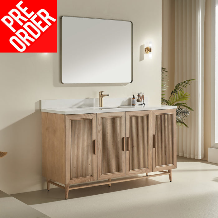 Sunflower - 60",Single Sink, Antique Oak , Floor Standing Bathroom Vanity, White Quartz Countertop ** PRE ORDER NOW/ ETA:2024-11-29 **