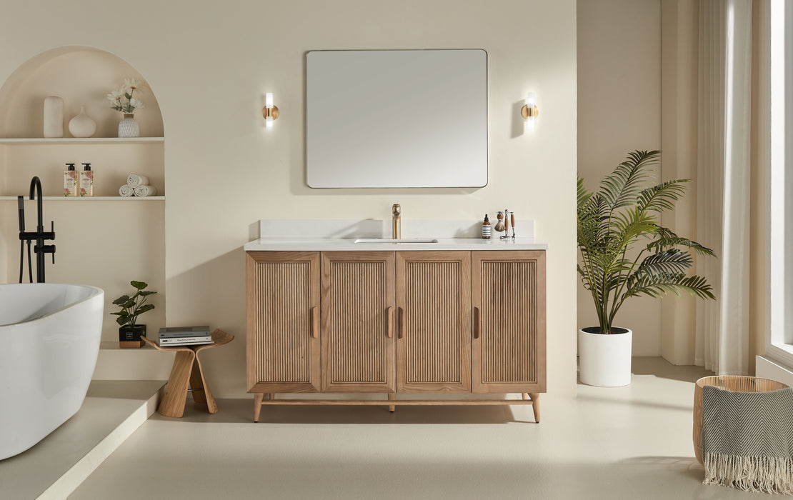 Sunflower - 60",Single Sink, Antique Oak , Floor Standing Bathroom Vanity, White Quartz Countertop ** PRE ORDER NOW/ ETA:2024-11-29 **